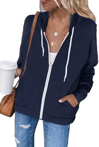 LACOZY Ladies Jacket Casual Long Sleeve Sweatshirt Coat Lightweight Zipper Hoodies with Pockets Blue L
