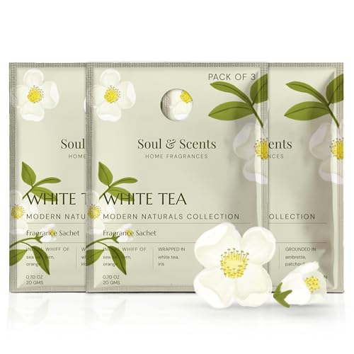Image of Soul & Scents White Tea Fragrance Sachet | Refreshing Aroma of White Florals & Sea Breeze | Long-Lasting Air Freshener for Car, Wardrobe, Kitchen, and Travel Bag | Pack of 3-20gm Each