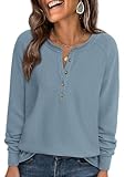 PRETTYGARDEN Women Long Sleeve Waffle Knit Shirts 2026 Fall Casual Button V Neck Loose Henley Tops Basic Tees Winter Clothes (Dusty Blue,Large)