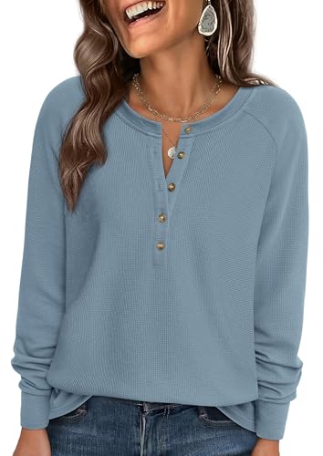 PRETTYGARDEN Women Long Sleeve Waffle Knit Shirts 2026 Fall Casual Button V Neck Loose Henley Tops Basic Tees Winter Clothes (Dusty Blue,Large)
