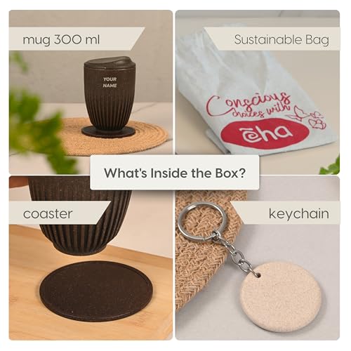 Image of Eha Earth Friendly Customised Coffee Mug, Coaster with Bag 350 ml, Set of 1 | Made with Rice Husk Biocomposite | Personalized Gifts for Friends and Family | Coffee