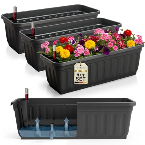 Hausfelder Balkonkasten 4er Set 60 cm mit Wasserspeicher und Wasserstandsanzeige, Blumenkasten Anthrazit-Schwarz mit Bewässerung für Balkon Innen und Außen