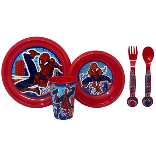 Set stoviglie in plastica riutilizzabile 5 pezzi piatti bicchiere posate per bambini set pranzo (Spiderman)