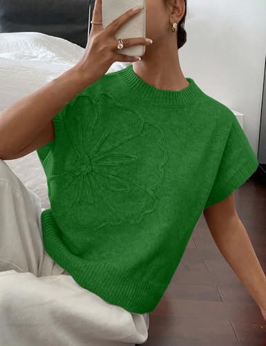 Image of 2026 Womens Floral Sweater Vest Cute Cap Sleeve Tops 3D Flower Decor Knit Tank Top Loose Spring Fall Summer Clothes