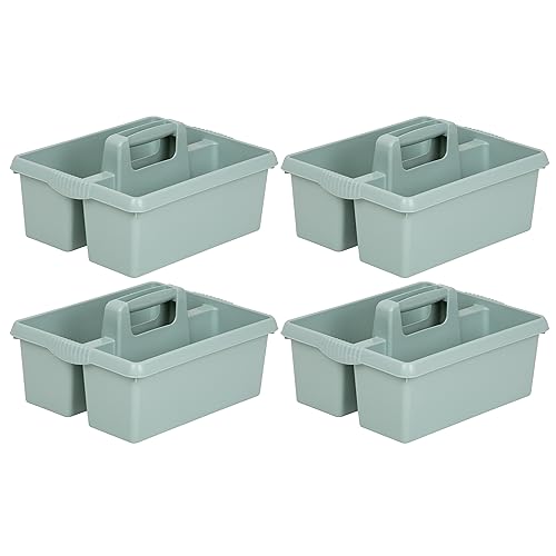M1SS 4 X Heavy Duty Large Plastic Handy Kitchen Tool Cleaning Tool Box with Handle Utility Storage Tidy Organiser Tote Tray Two Compartment Cleaners Carry Caddy Cleaning Tools - Silver Sage
