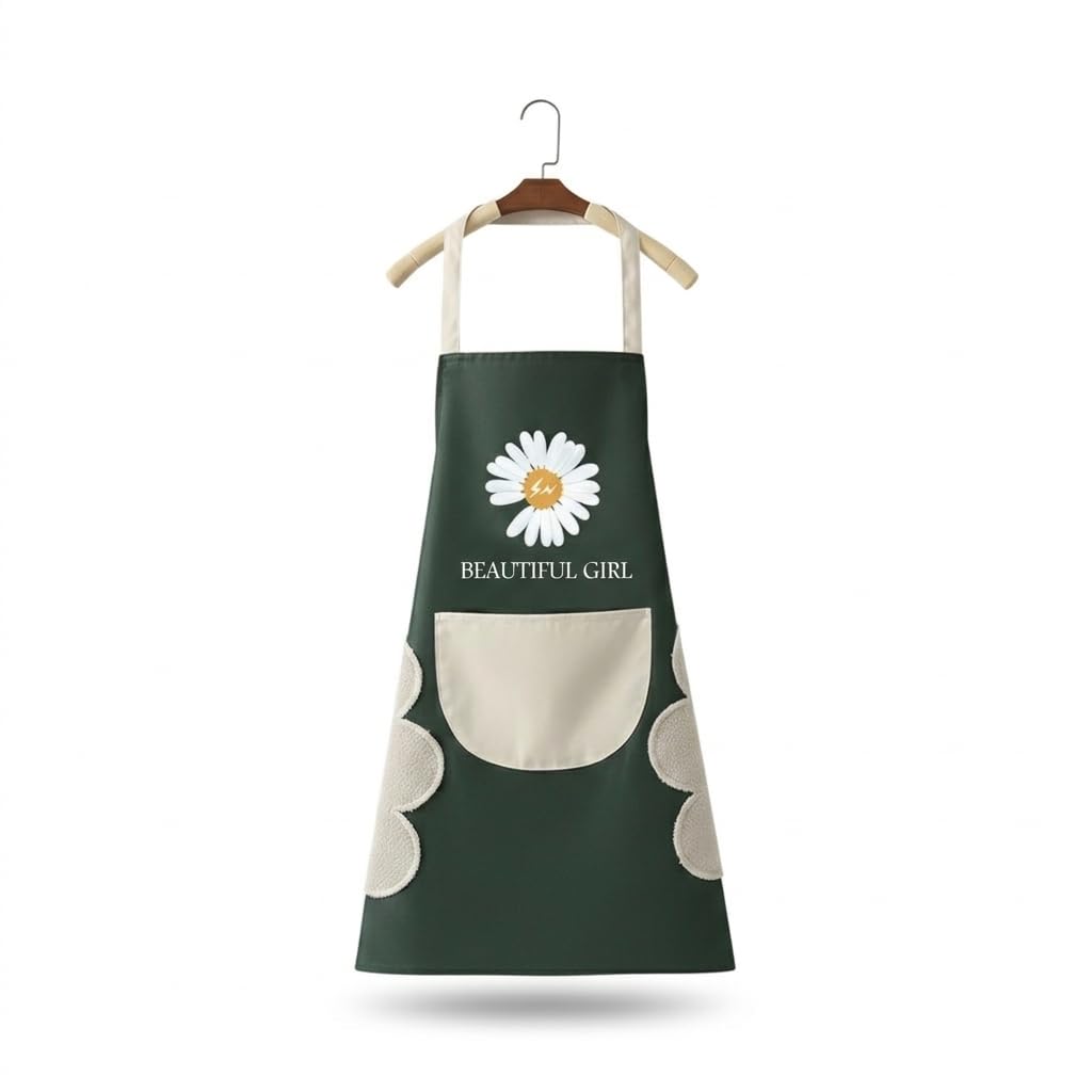 Waterproof Kitchen Apron with Daisy Floral Design, Beautiful Girl Print, Adjustable Bib with Pocket and Hand Wiping Towels, Green, for Cooking and Baking Pack Of 1-image-14