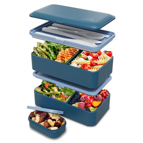 Umami Porta Pranzo Lunch Box Ermetico 4 Scomparti e Posate, Sicuro per Microonde, Lavastoviglie, Portapranzo Ufficio, Bento Lunchbox Prova di Perdite per Adulti, Schiscetta Pranzo, Blu Denim, 1200 ml