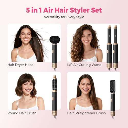 Image of Atopskins 5 in 1 Hair Dryer Brush Set, Detachable Hot Air Styler, Blow Dryer Brush, 3 Heat Settings Auto Curling Wrap Styler, Ionic Hair Styling Tools - Straighten Curl Dry Volumize Smooth (Black)