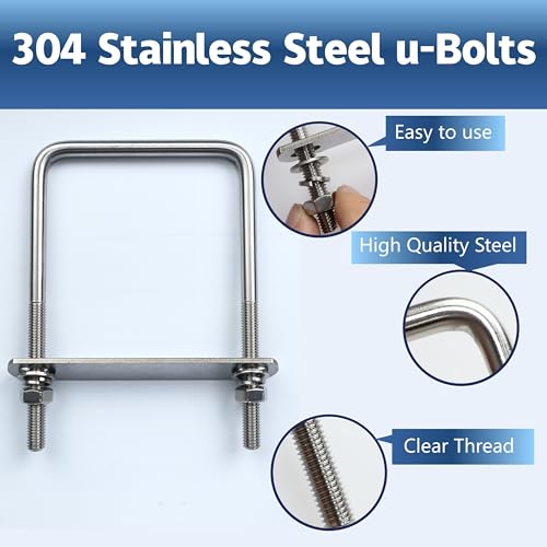 Image of 2 Pcs M10 Square U Bolts 4 Inch Wide, 3 /8 inch x 4 inchW x 6 inch L | 304 Stainless U Bolt Heavy Duty with Nuts, Bolt Plate and Washers,4 inch u bolt,Metric bolts
