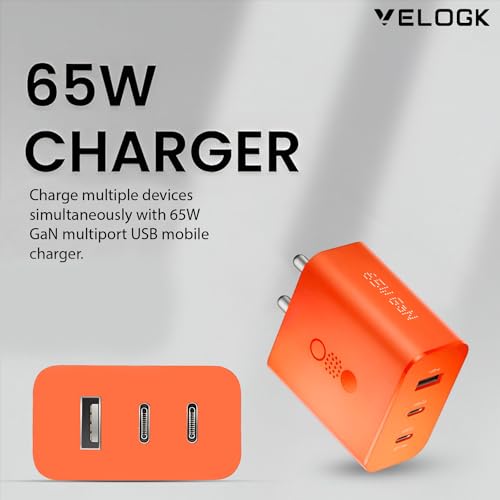 Image of VELOGK CMF Original 65W GaN Charger, Nothing Charger 3-in-1 Type C Fast Charging Adapter, USB C Charger Block Compatible for Nothing Phone 2a /Phone 2 /Phone 1, Supports Other Type-C Devices -Orange