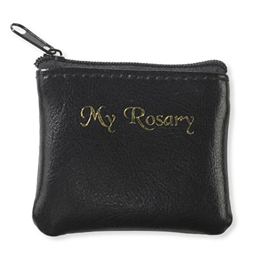Gold Stamped My Rosary Genuine Leather Pouch with Zipper Closure, Black