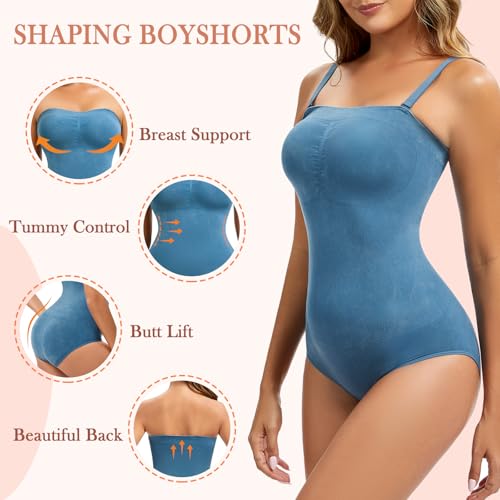 Image of Strapless Shapewear for Women,Tummy Control Bodysuit With Built In Bra,Seamless Body Shaper Tube Top Body Suit