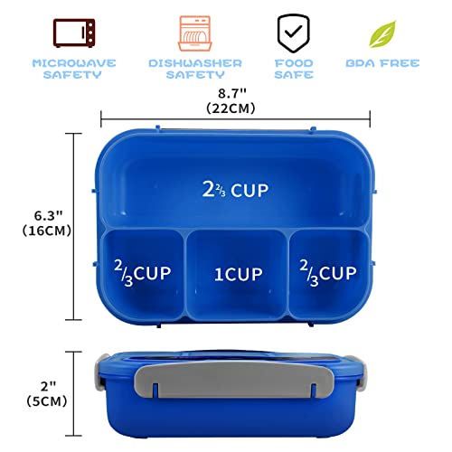 Bento Box Lunch Box, Bento Box Adult Lunch Box, Lunch Containers For Adults/Students, 5 Cup Bento Boxes With 4 Compartments&Fork, Leak-Proof, Microwave/Dishwasher/Freezer Safe, Blue #TOP1
