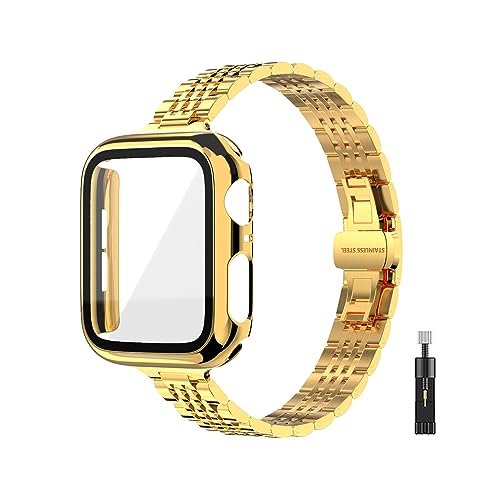 CSJCUBIC Thin Women Band Compatible with Apple Watch 38mm 40mm 41mmm 42mm 44mm 45mm with Face Cover, Stainless Steel for Metal iwatch Band Series 9 8 7 6 5 4 3 2 1 SE. (40mm, Gold)