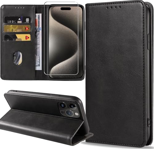 ZYIMOU Funda para iPhone 15 Pro MAX, Funda Tapa Libro Movil Carcasa PU Cuero con Protector de Pantalla de Vidrio Templado,[Protección Completa] [Ranura Tarjeta] [Función Soporte], Negro