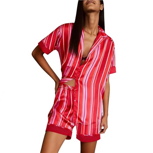 Image of Women Silk Pajamas Floral Satin 2 Piece Pajama Sets | Button Down Short Sleeve Shirt and Elastic High Waist Shorts, Vintage 2Pcs Pj Sets, Two Piece Lounge Set, Elegant Sleepwear