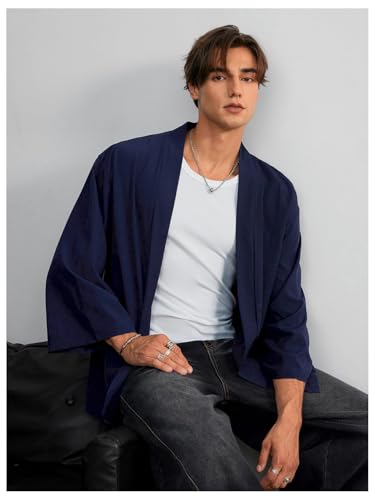 OYOANGLE Men\'s Open Front 3/4 Sleeve Kimono Jackets Loose Casual Drop Shoulder Cardigans Outerwear Dark Blue XX-Large - Thumbnail 4