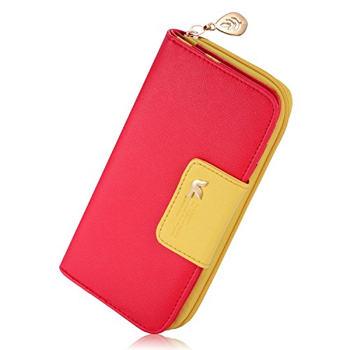 Augur Femme Multi-Card position deux plis Fermeture Éclair longue Porte-monnaie Fermeture Éclair longue Portefeuille Sac à main Sac à main, Red (Rouge) - QB005