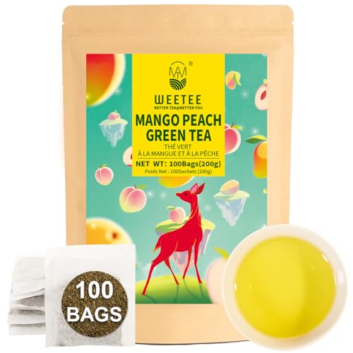 WT WEETEE Mango Peach Green Tea Bags 100ct, Caffeinated Fruity Flavored Tea