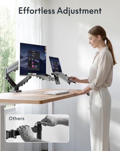Image of FlexiSpot Laptop Mount, Dual Monitor Arm with Laptop Tray, Fits Up to 32 Inch Monitor and 17.3 Inch Notebook, Full Adjustable Gas Spring Holds up to 19.84lbs per Arm for Office & Home, Black