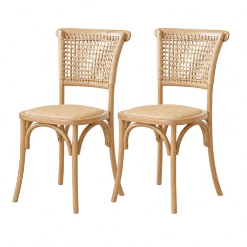 YESWOOD Lot de 2 Chaises de Salle à Manger en Chêne Blanc Massif, Assise Tressée en Rotin Naturel, Dossier en Corde Kraft Double Face, Style Vintage,...