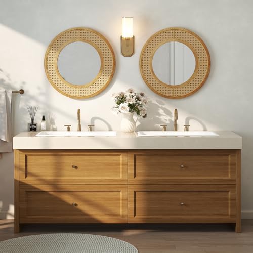 FANTASK Espejo de Pared Redondo de ratán, diámetro 65 cm, Espejo Decorativo con Marco de Madera, Cristal de Aluminio y Ganchos, Espejo Decorativo para Pared