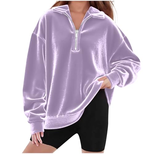 Wkishenl Girls Sweatshirts Half Zip Long Sleeve Velvet Tops Cute Trendy Oversized Pullover Shirts Fall Winter Preppy Clothes