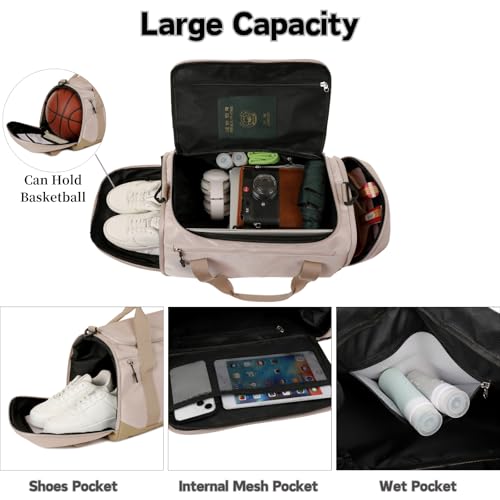 Gym Bag for Men Women, Large Sports Travel Duffle Bag with Wet Pocket & Shoe Compartment, 35L Waterproof Lightweight Carry On Overnight Weekender Bag for Workout, Fitness, Business - Beige2