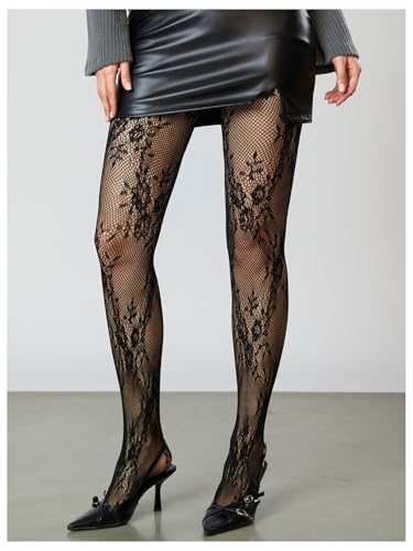 Image of RoseSeek Women's Floral Lace Fishnet Tights Kawaii Y2K See Through Stocking | Sheer Mesh, Lace Tights, Floral Lace Fishnet Tights, Thigh Highs, Leggings, Y2K Stockings