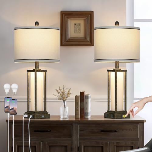luxeflow 27in Tall Farmhouse Table Lamp Set of 2 with USB C+A & Outlet,Bronze Industrial End Table Lamp for Living Room,Vintage Rustic Bedside Lamps with Night Light for Bedroom Nightstand,Bronze