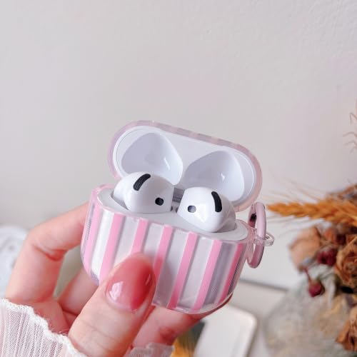 Image of MINSCOSE for AirPods 4 Clear Case,Cute Striped Aesthetic Pattern Design with Trendy Keychain Ring,Soft TPU Protective Shockproof Cover with Cleaner Kit for Girls Women for Airpods 4-Clear Pink