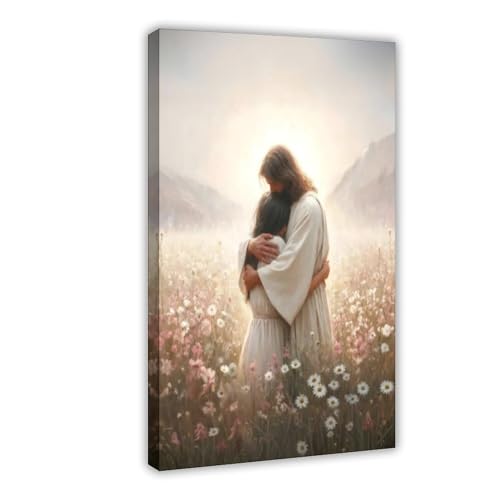 Jesus Embracing Young Girl in Flower Field Wall Art -