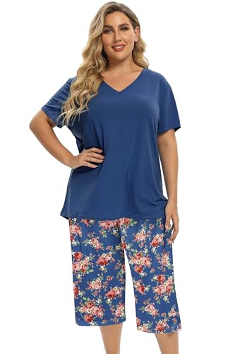 Image of Vozanet Women's V Neck Sexy Pajamas Capri Sets Mexican Style Floral Sleepwear 2PCS Totem Casual Nighty Plus Size M to 5XL