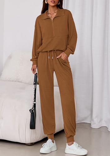 Image of PRETTYGARDEN Women 2 Piece Ribbed Knit Matching Lounge Sets | Comfy Sweat Track Suits, Athleisure Casual Outfit, Half Zip Sweatshirt & Jogger Pants, Fall Winter Clothes for Airport Travel
