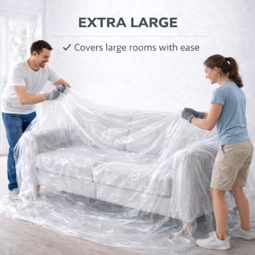 Image of GREEN LIFESTYLE Plastic Drop Cloths for Painting 12 x 9 ft [6 Pack] - Waterproof Paint Drop Cloth, Plastic Sheets Floor Cover, Disposable Tarp for Furniture Protection, Remodeling and Moving