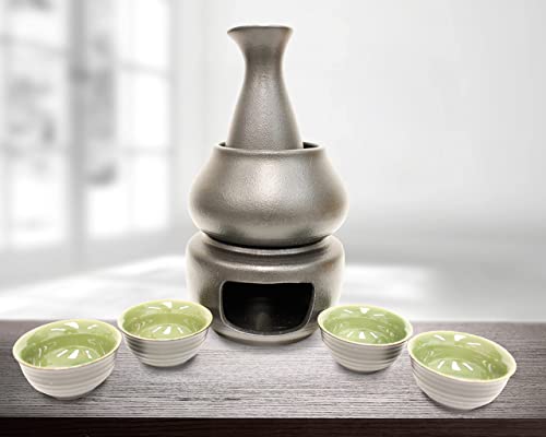Usa Mj Table Traditional Japanese Style Sake Set With Warmer This Pottery Sake Set Come Set Includeing 1Pc Candle Stove, 1Pc Warming Mug,1Pc Sake Pot And 4Pcs Sake Bowls Light Green & Dark Black #TOP1