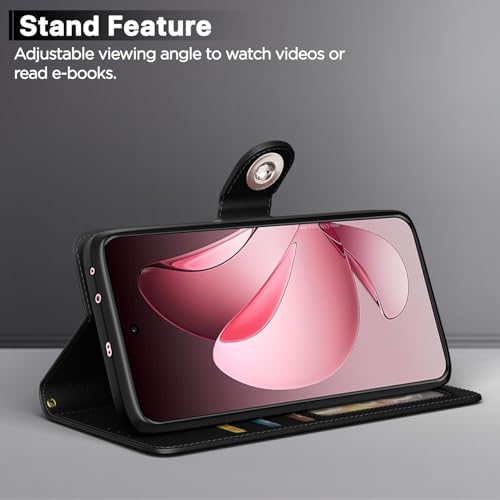 Image of Pikkme Flip Cover Leather Finish | Inside TPU with Card Pockets | Wallet Stand and Shock Proof | Complete Protection Button Flip Case for Oppo Reno 13 Pro 5G(Black)