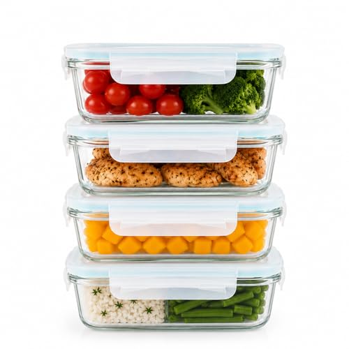 Kit 4 Potes de Vidro Retangulares Herméticos 370ml com Tampa de Silicone Vedação Antivazamento para Freezer e Micro-ondas