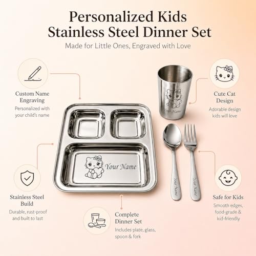 Image of SAVRI Personalized Stainless Steel Mealtime Printed Dish - Customized Gift for Boy, Baby Girl - Name and Favorite Character Engraved - Ideal for Birthday Gifting - 4 Pcs (1 Set)