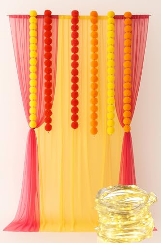 Janinka 16 Pcs Diwali Decorations Set Includes 6 Pcs 5 Ft Marigold Flowers Garlands 4 Red and Yellow Diwali Background Drape and 6 Fairy Light Strands Artificial Marigold Flowers Photo Prop for Indian