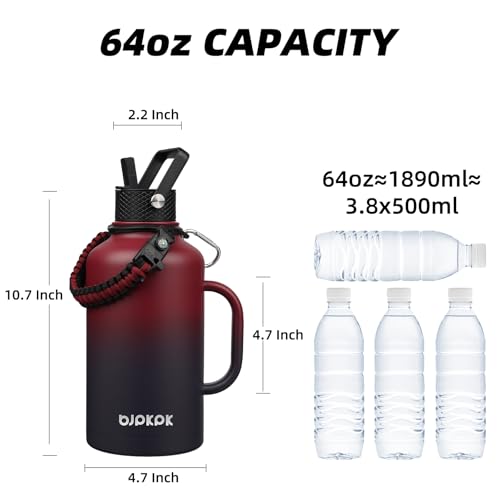 Image of BJPKPK Half Gallon Insulated Water Bottles with Straw Lid & Side Handle, 64oz Large, Stainless Steel Water Bottles with 3 Lids and Paracord Strap, Metal Water Jug,Charming Red