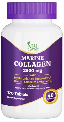 NBL Natural Hydrolysed Marine Collagen 2500mg with Hyaluronic Acid Resveratrol Biotin Selenium & Vitamin C 120 Tablets