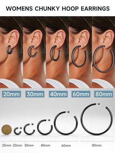 Image of Stainless Steel Chunky Hoop Earrings For Women, Minimalist and Chic, Black /Gold Plated, Round Hoops Earrings Hypoallergenic, Size: 30mm /40mm /60mm /80mm, Come with Box