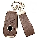 Axtrulix Key Fob Cover for Mercedes Benz with Key Chain, Upper Leather + Soft TPU Key Cover Case Shell for Mercedes C E S GLC CLE EQE EQS 300 350 450 500 560 580 AMG (Brown)
