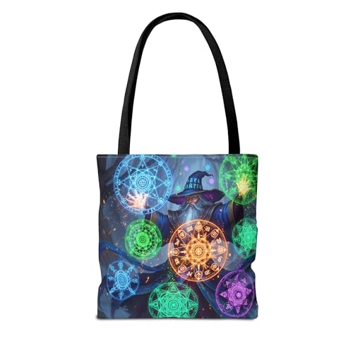 Premium Tote Bag featuring a Vividly Colored Wizard Casting Spells Shaped like Mandalas with Reinforced Stitching2