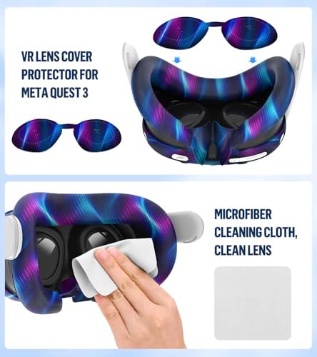 YRXVW Silicone Cover Set Compatible with Oculus/Meta Quest 3, Touch Controller Grips Cover, VR Shell Cover, Facial Interface Cover, Protective Lens Cover, Tempered Glass Lens Caps (Aurora Blue) - 4