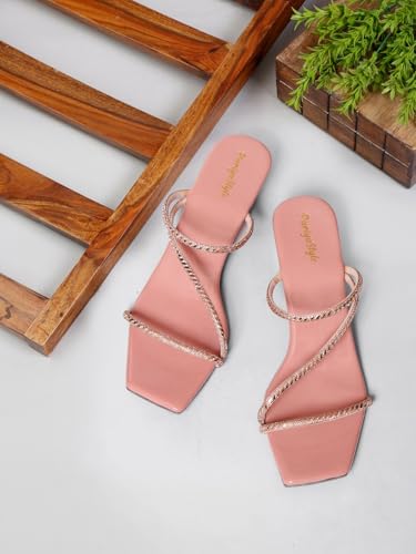 Image of Women's Lavender Block Heel Sandals with Rose Gold Glitter Straps, Ankle Strap Style, 2.5 Inch Heel, UK Size 3-8