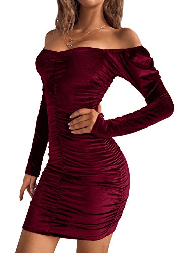 Floerns Women s Velvet Sweetheart Neck Long Sleeve Ruched Bodycon Mini Dress Maroon S