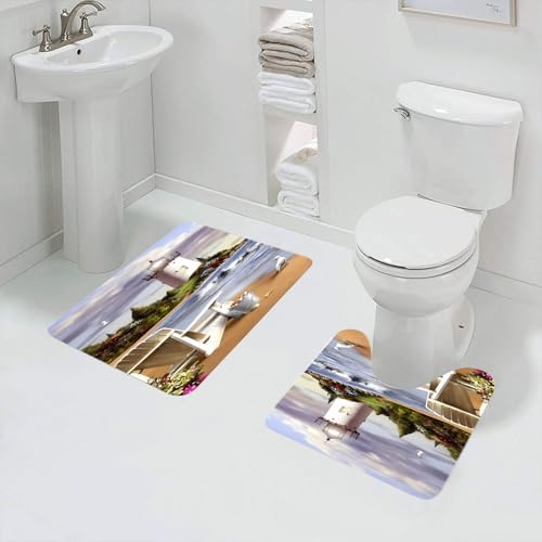 QRFASFZO Juego de Alfombrillas de baño, 2 Piezas,Antideslizantes,para baño y Inodoro,Escena de Playa, un Entorno de Playa Tranquilo con Faro, sillas cómodas y Tesoros cos,Alfombra baño Secado rapido