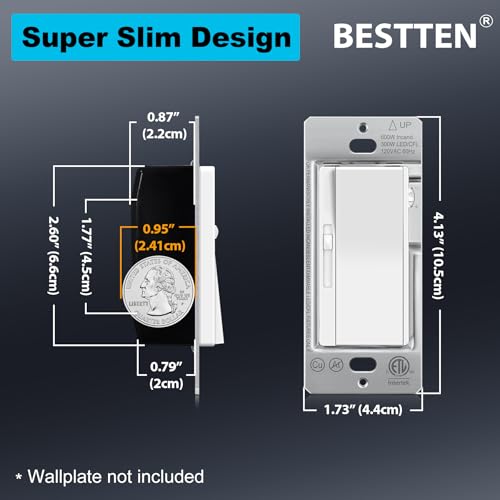 Image of BESTTEN 24 Pack Super Slim Dimmer Light Switch for 300W Dimmable LED /CFL Lights and 600W Incandescent /Halogen, Single Pole /3-Way LED Slide Dimmer, ETL Listed, White